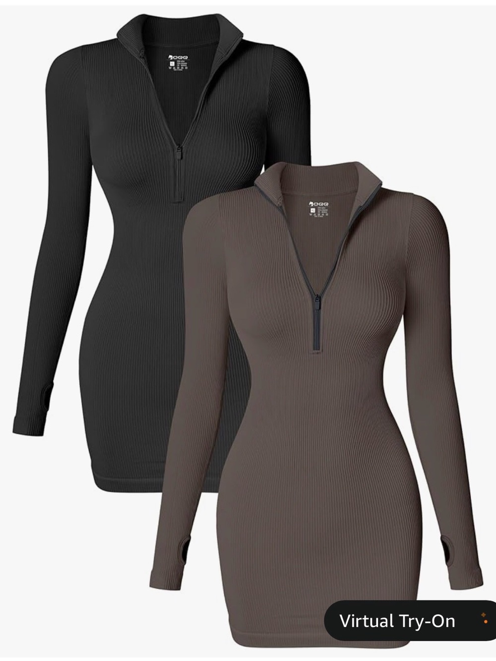 Women’s Ribbed Half-Zip Sweater Dresses - Black and Taupe